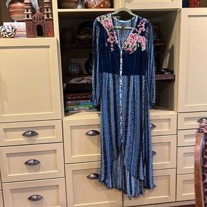 Aratta blue velvet embroidered hi-lo dress.  19” pit to pit
